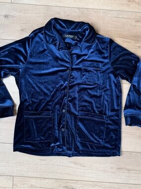 Lauren Ralph Lauren Pajama Top Womens Large Blue Velvet Button Up Crown Monogram